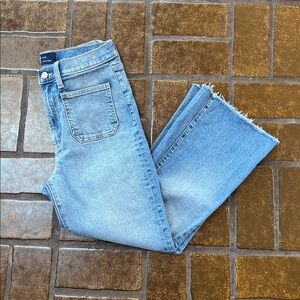 Gap Medium Wash High Rise Cropped Raw Hem 70s Flare Leg Jean